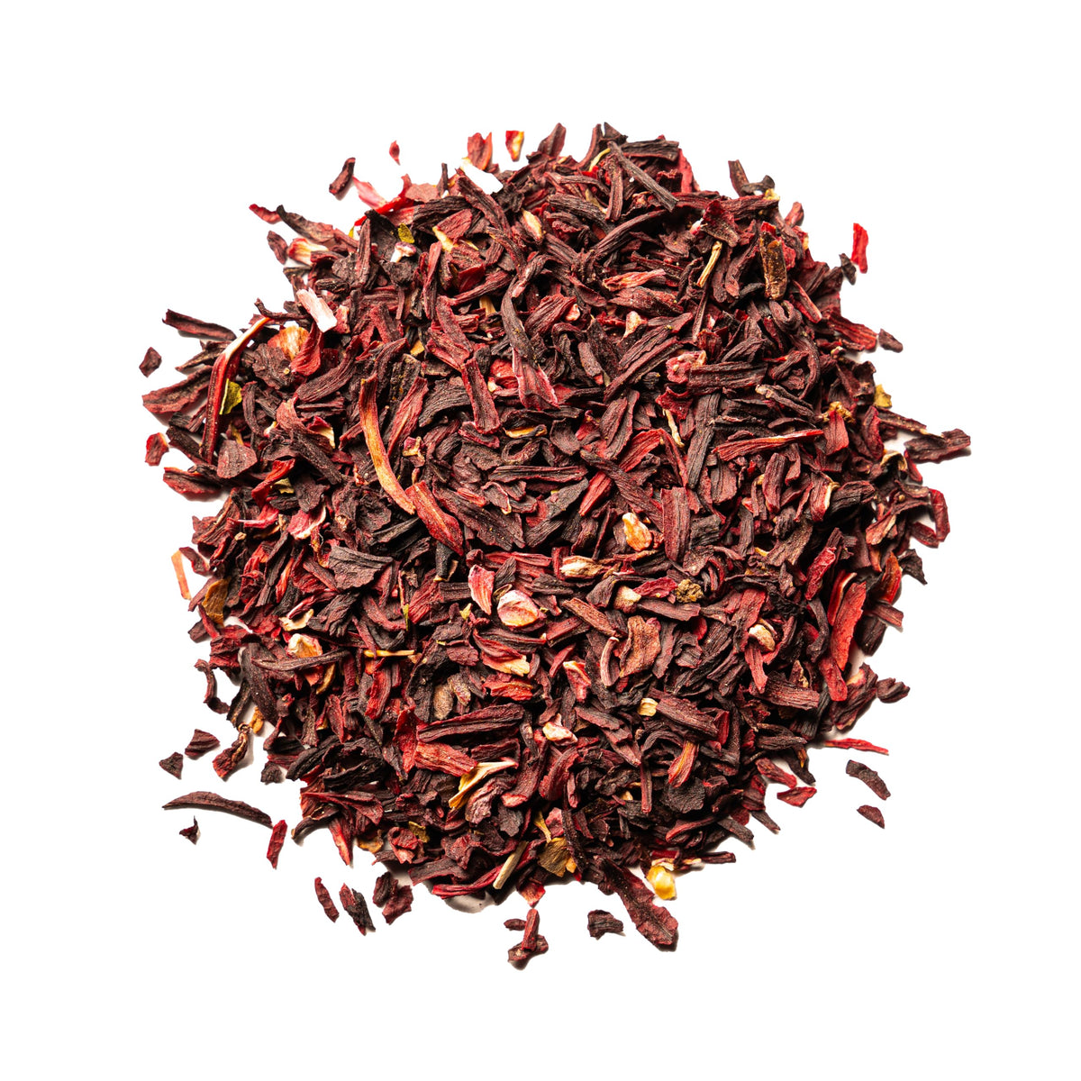 Worldwide Botanicals hibiscus tea close-up bright red calyces.