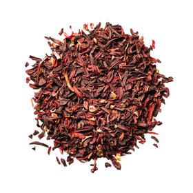 Worldwide Botanicals hibiscus tea close-up bright red calyces.