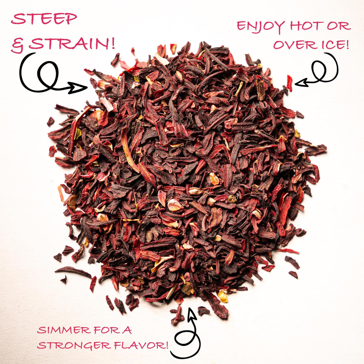 Worldwide Botanicals hibiscus tea hot brew in mug with aroma.