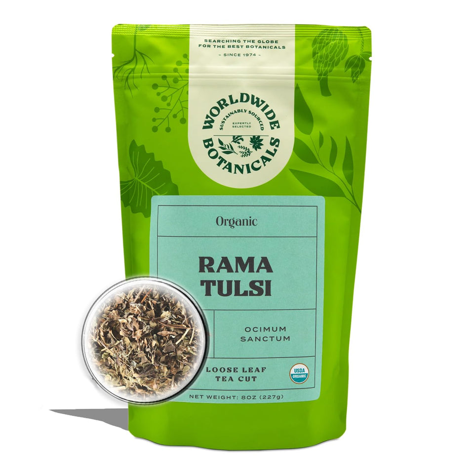Worldwide Botanicals Holy Basil Tea loose leaf, aromatic and ready for daily ritual.