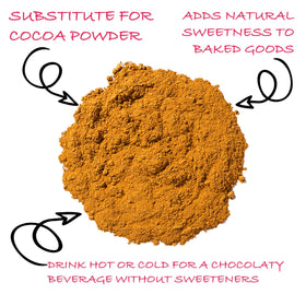 Worldwide Botanicals hot carob milk cup demonstrates caffeine-free, comforting beverage