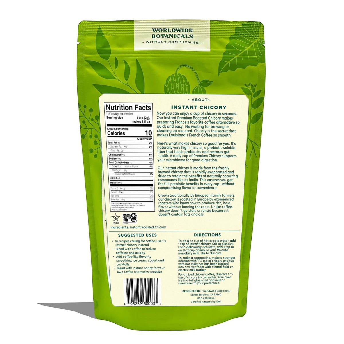 Worldwide Botanicals Instant Chicory cup with coffee demonstrates easy blending for lower acidity.
