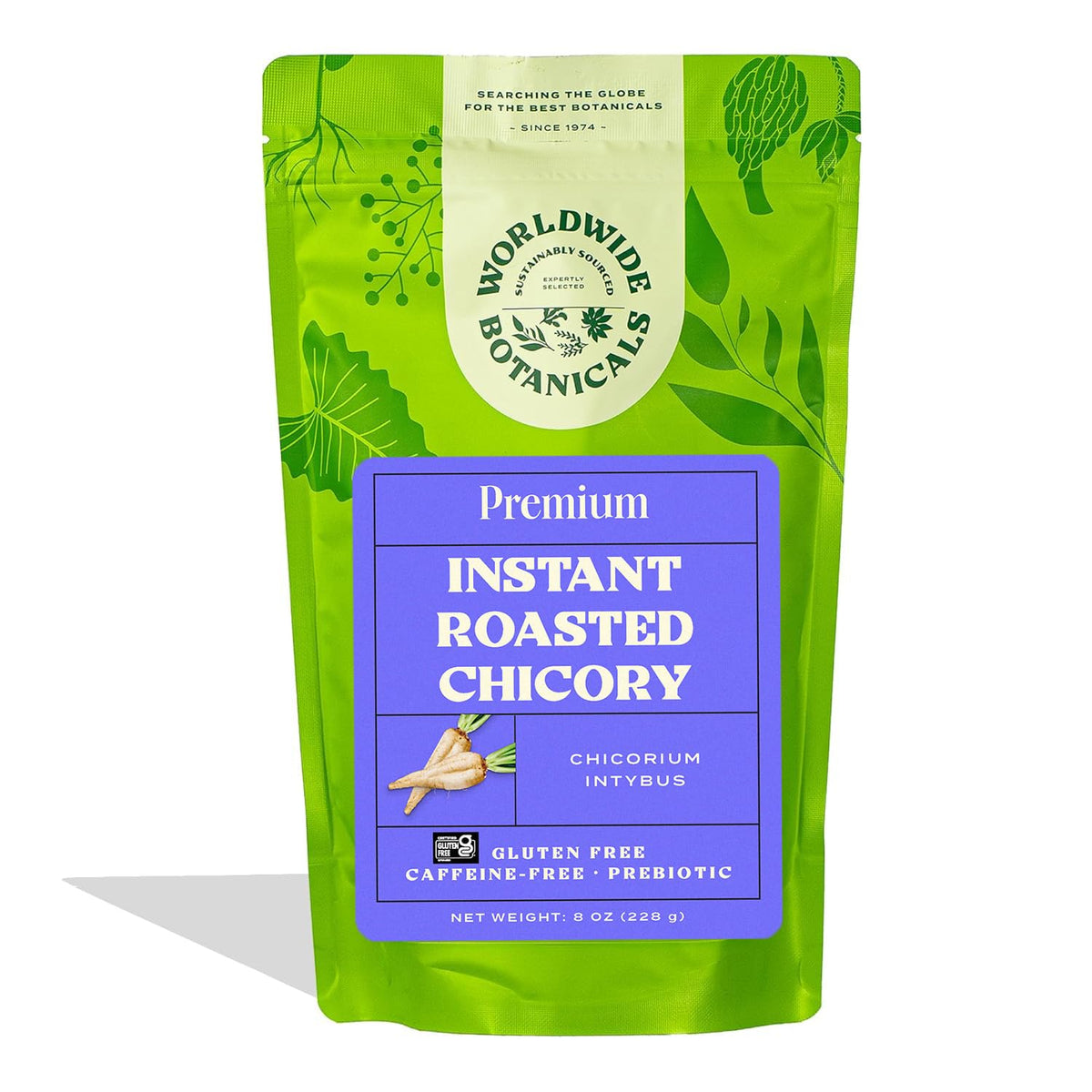 Worldwide Botanicals Instant Chicory Root jar closeup for a caffeine-free coffee alternative.