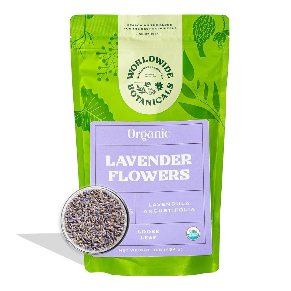 Worldwide Botanicals lavender buds closeup for a calming home aroma.