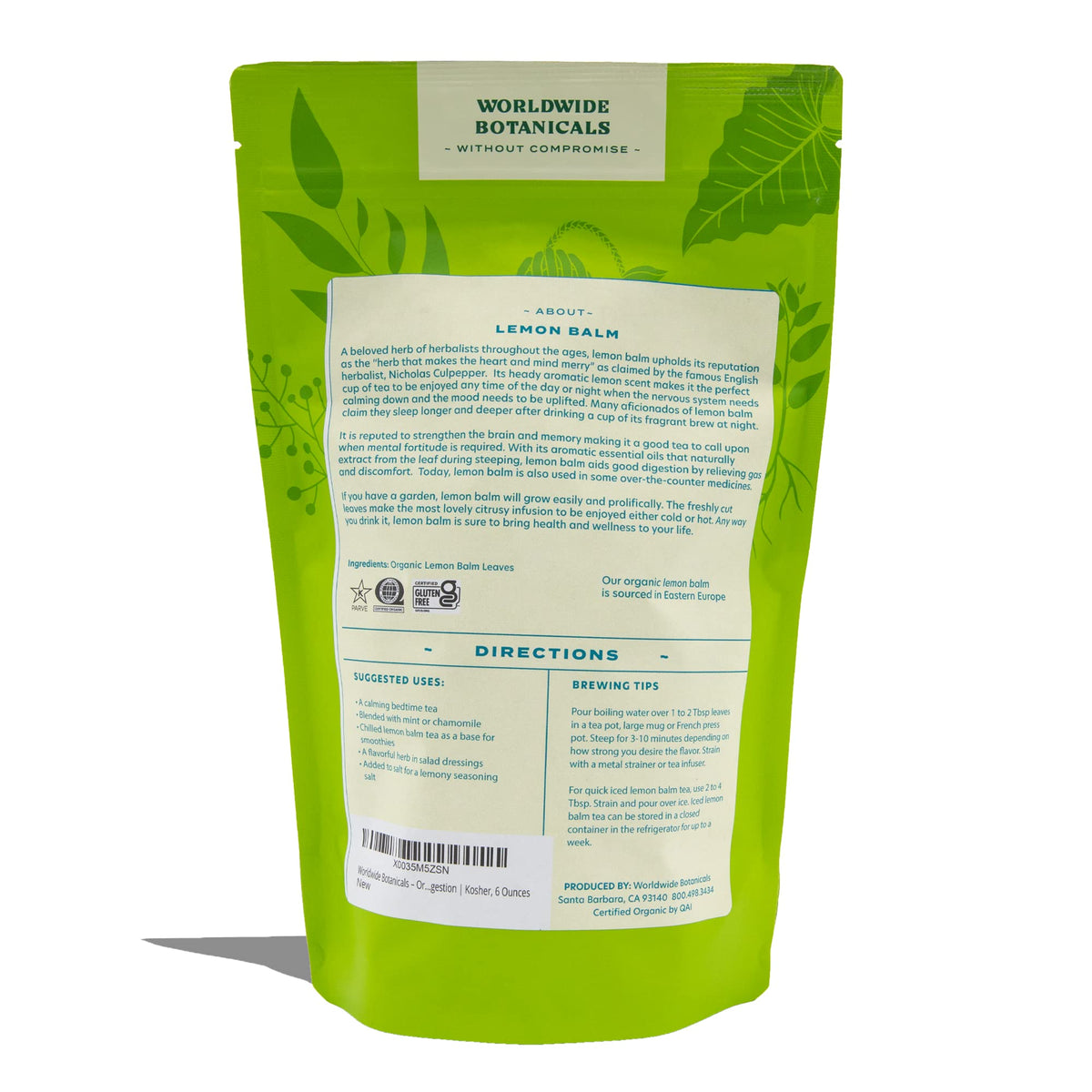 Brewed cup releasing lemon aroma from Worldwide Botanicals Lemon Balm Tea.