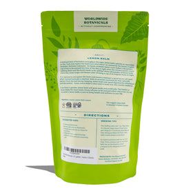 Brewed cup releasing lemon aroma from Worldwide Botanicals Lemon Balm Tea.