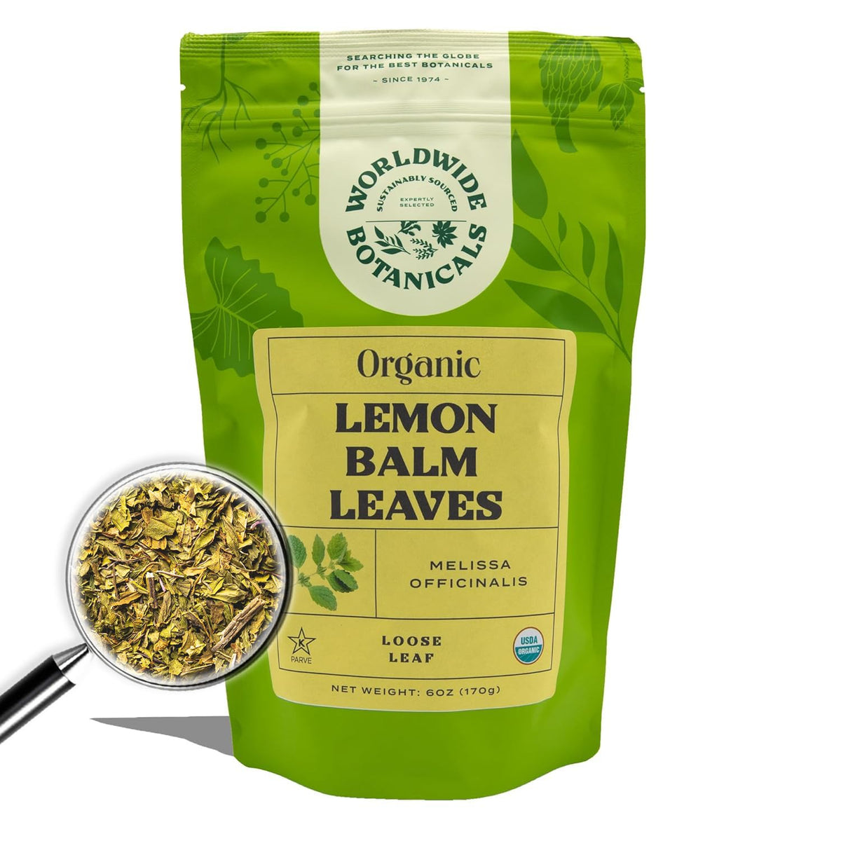 Worldwide Botanicals Lemon Balm Tea leaves in a pouch—100% pure, fragrant lemon balm.