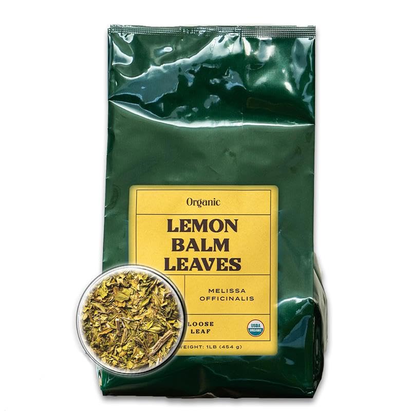 Worldwide Botanicals Lemon Balm Tea loose leaf close-up with pure leaves for relaxation.