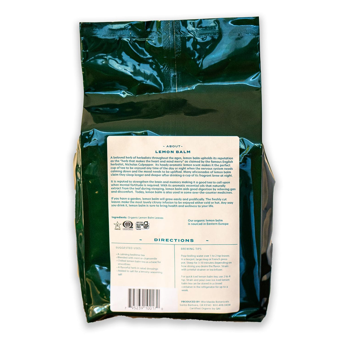 Worldwide Botanicals Lemon Balm Tea packaging jar ready for mindful sipping.