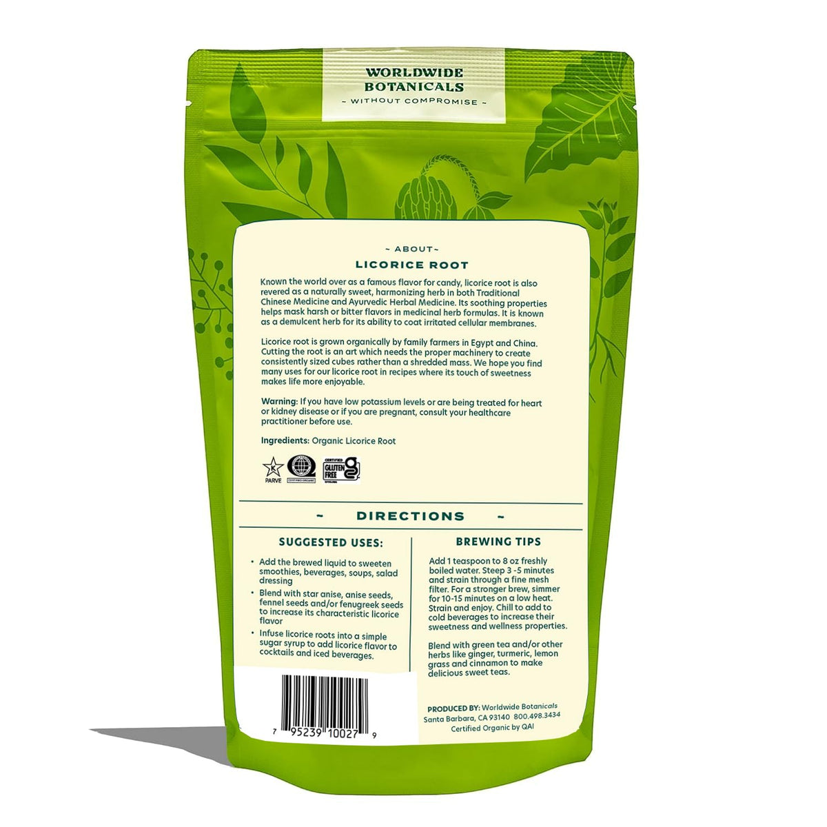 Worldwide Botanicals licorice root packaging close-up signals organic quality
