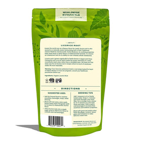 Worldwide Botanicals licorice root packaging close-up signals organic quality