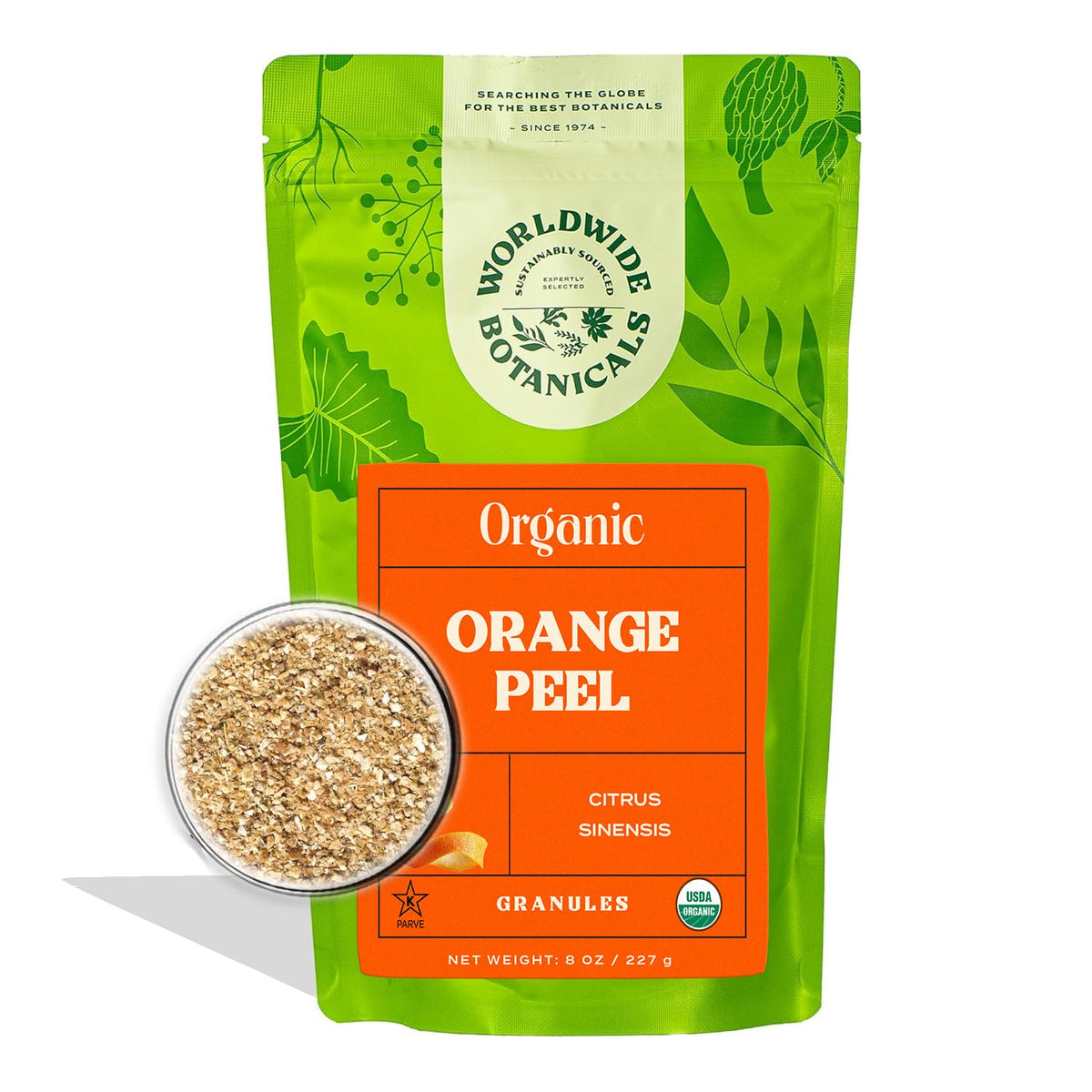 Worldwide Botanicals orange peel granules pack adds bright citrus aroma to baking.