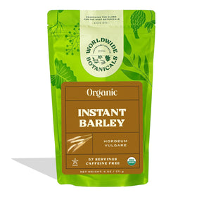 Worldwide Botanicals Organic Barley Orzo Instant canister ready for a warm, caffeine-free cup.
