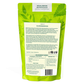 Worldwide Botanicals organic dried elderberries 1lb packaging ready for pantry use.