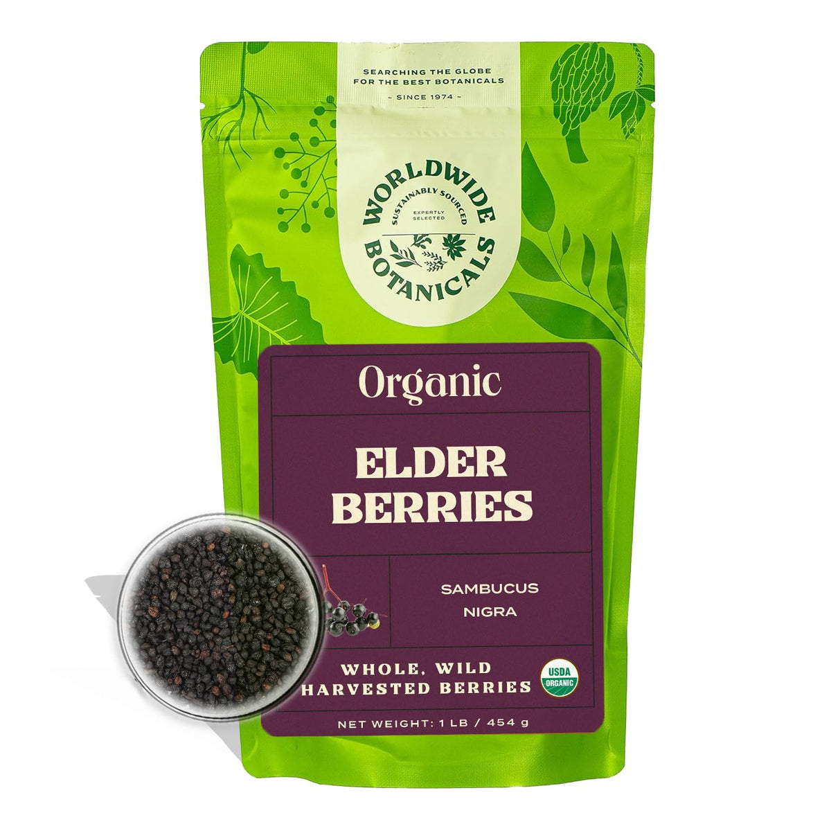 Worldwide Botanicals organic dried elderberries loose bulk ideal for antioxidant-rich teas.