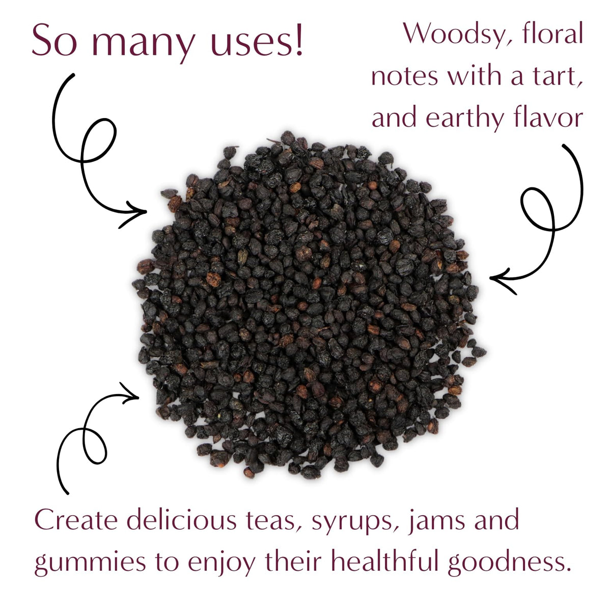 Worldwide Botanicals organic dried elderberries tea brew for fragrant herbal infusions.