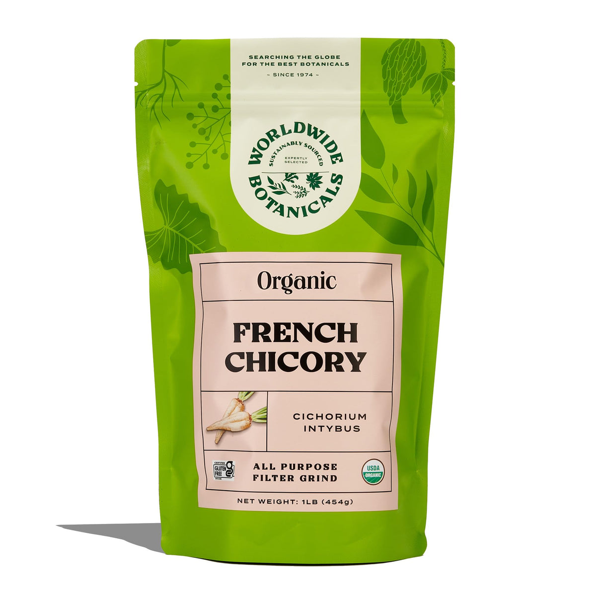Worldwide Botanicals Organic French Chicory Root packaging ready for brew