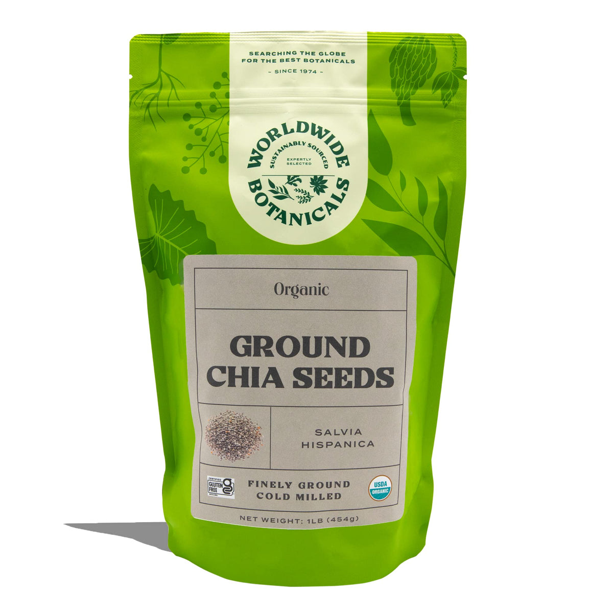 Worldwide Botanicals organic ground chia seeds in 1lb bag for versatile recipes.