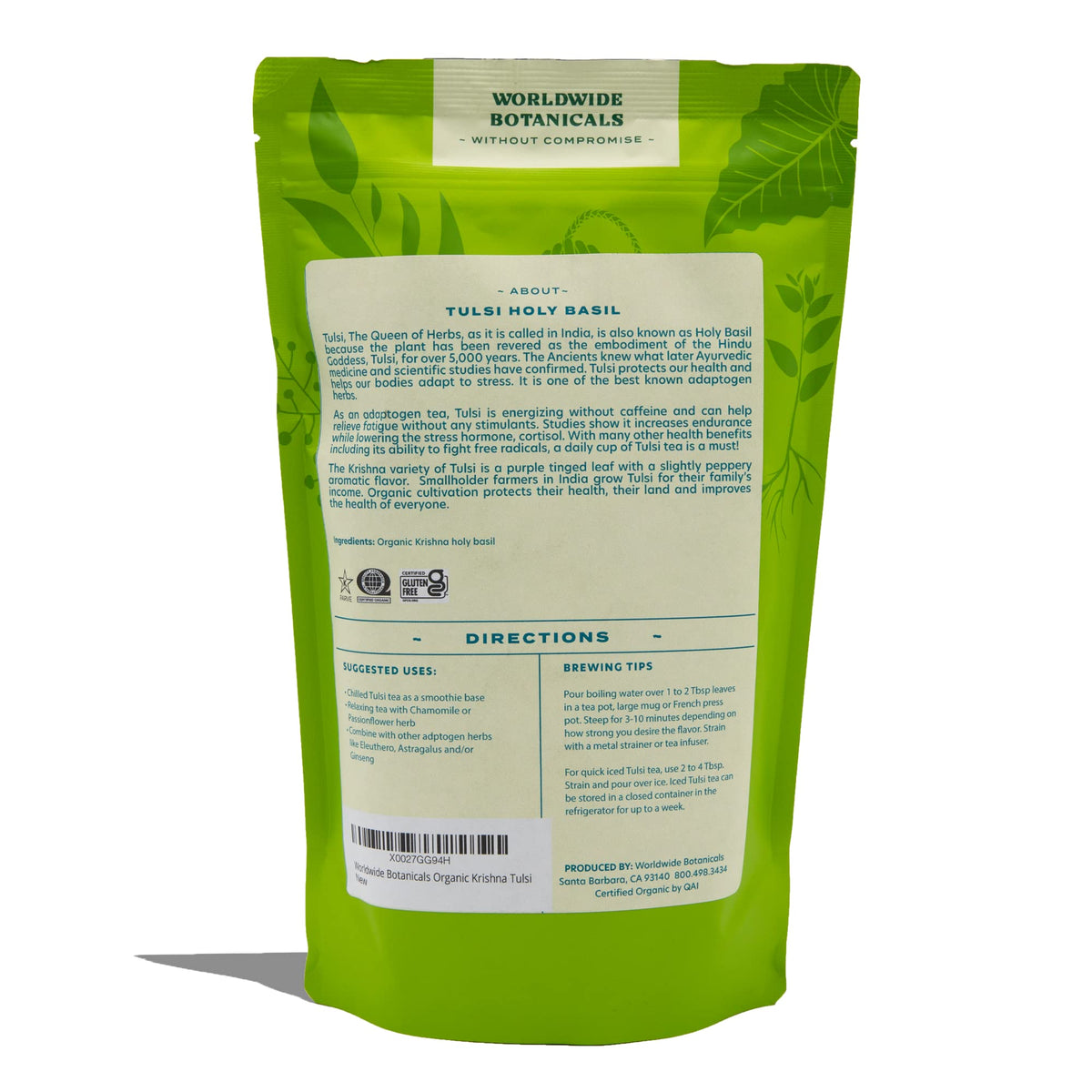 Worldwide Botanicals Organic Tulsi Krishna packaging highlights fair trade and kosher certification.