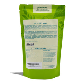 Worldwide Botanicals Organic Tulsi Krishna packaging highlights fair trade and kosher certification.