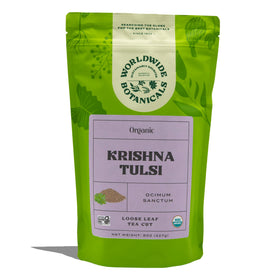 Worldwide Botanicals Krishna Tulsi ready iced tea with bold, refreshing flavor.