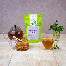Worldwide Botanicals Krishna Tulsi close up shows purple leaves and premium quality.