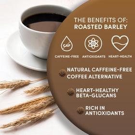 Worldwide Botanicals Orzo Barley steaming mug, easy to blend with coffee to cut acidity.