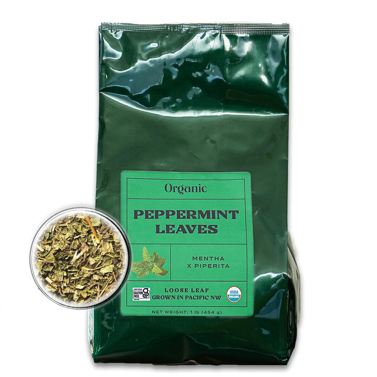 Worldwide Botanicals peppermint leaves in resealable pouch for lasting freshness