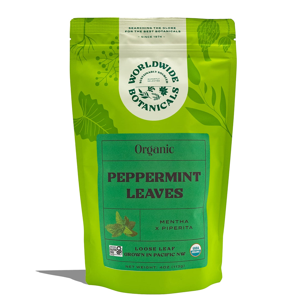 Worldwide Botanicals peppermint loose leaf tea in resealable pouch for fresh aroma and easy brewing