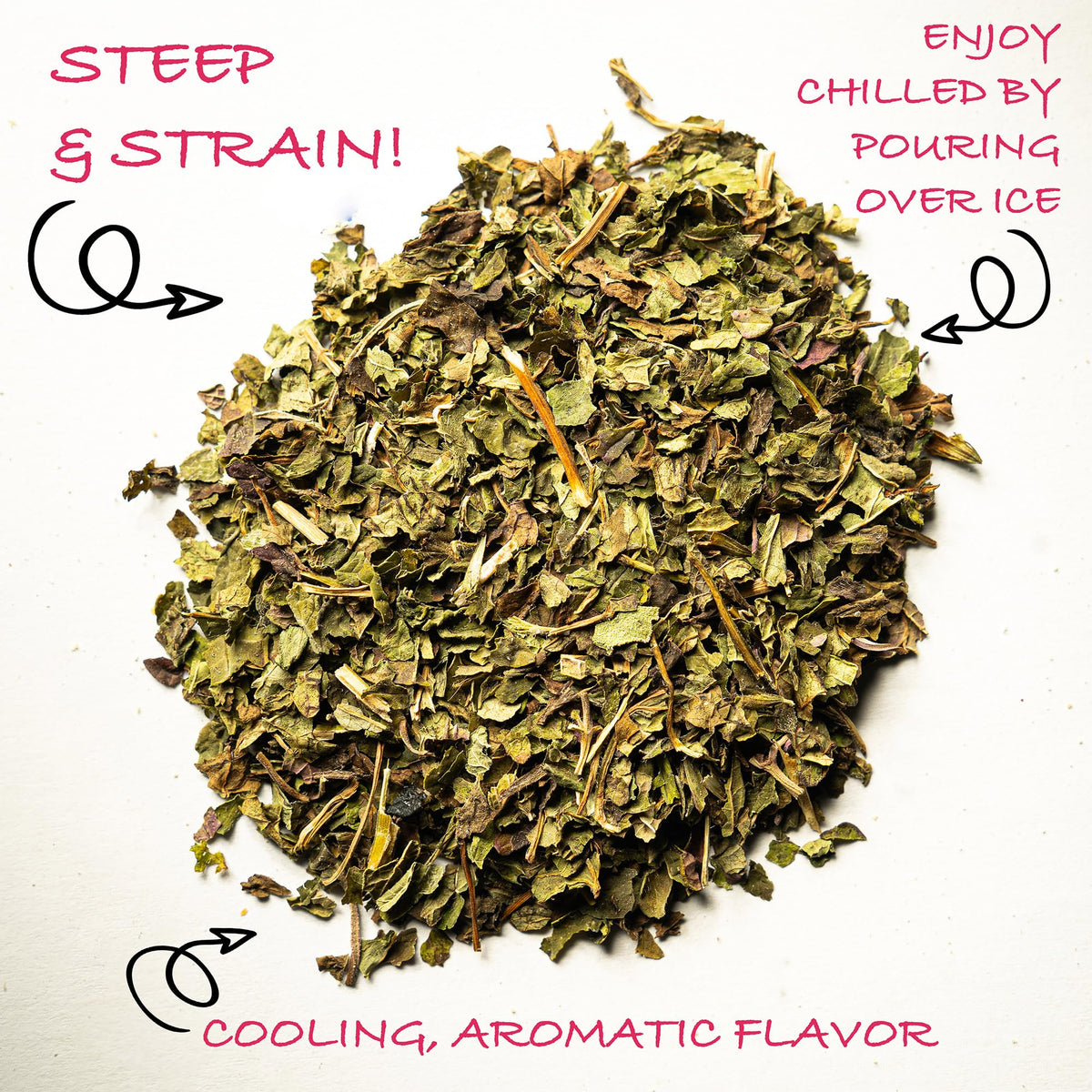 Worldwide Botanicals peppermint tea brewing cup with inviting steam