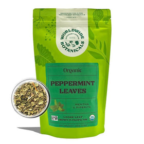 Worldwide Botanicals peppermint tea packaging label highlighting Pacific Northwest origin