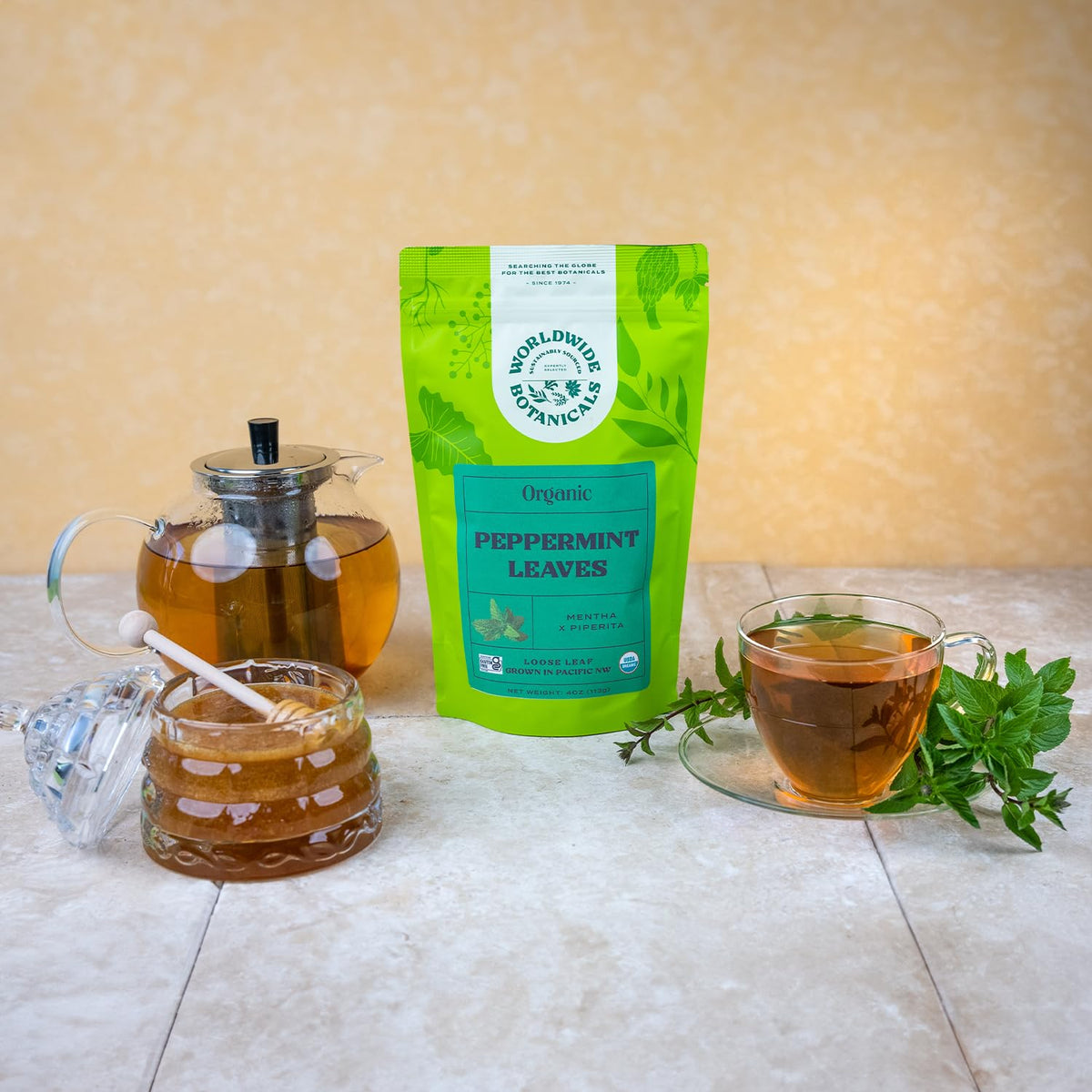 Worldwide Botanicals peppermint tea resealable pouch preserves freshness