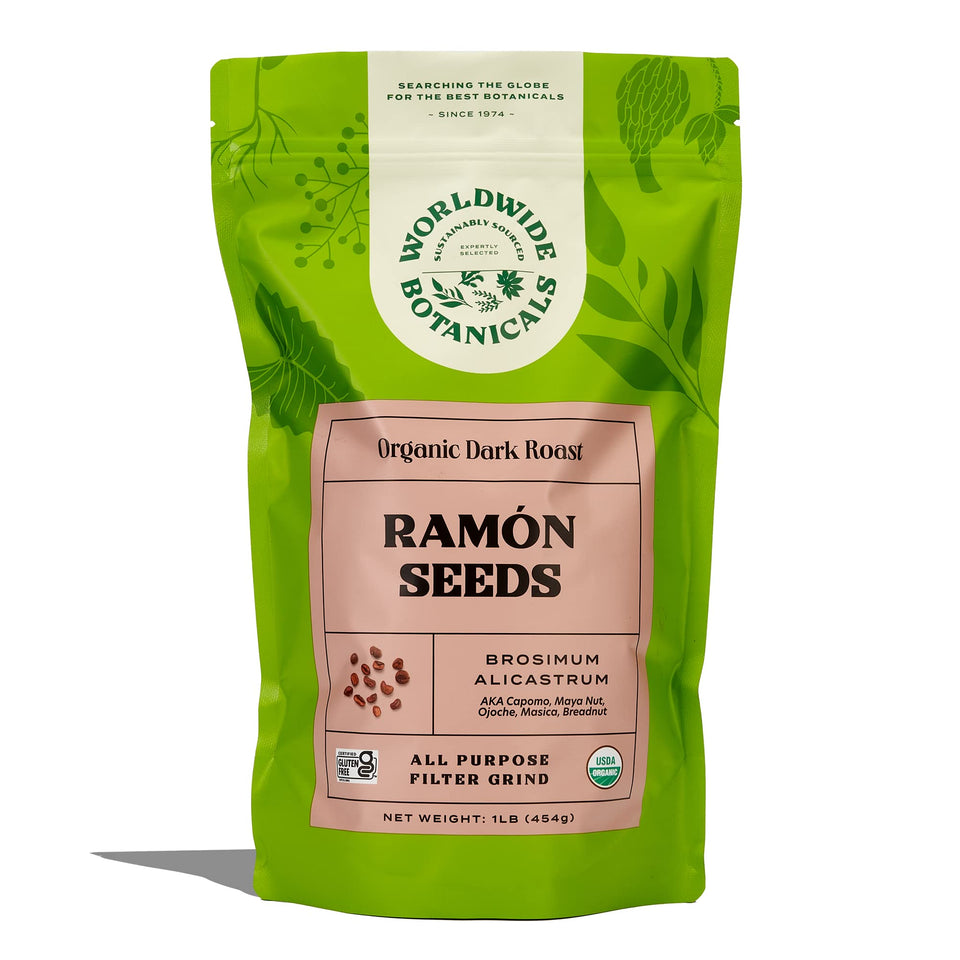 Worldwide Botanicals Ramon seeds ground bag with coffee-like aroma for daily brew.
