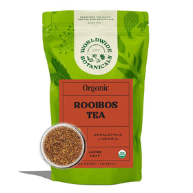 Worldwide Botanicals Red Rooibos packaging highlighting freshness and sustainability