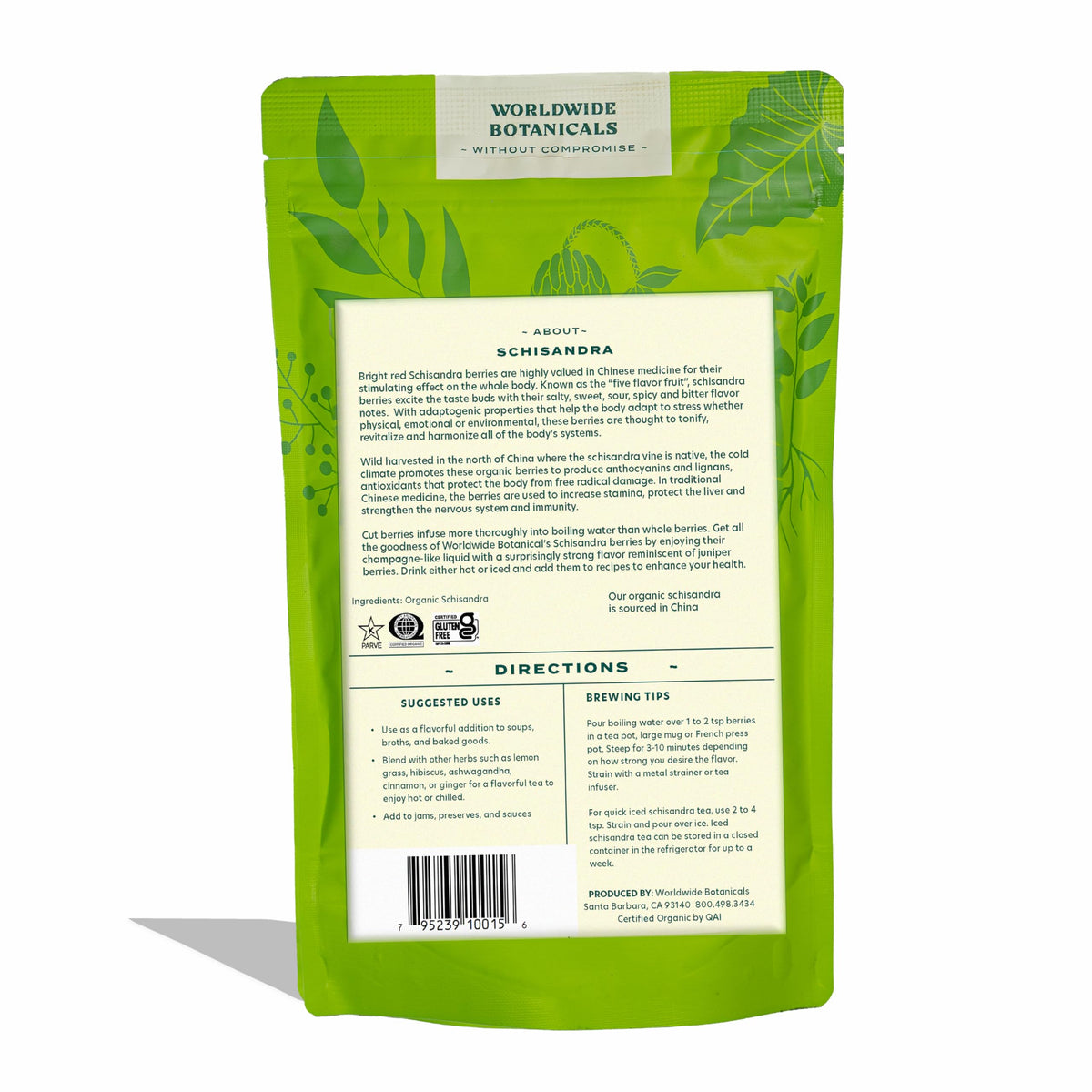 Worldwide Botanicals Schisandra berries brewed tea in cup highlights aroma