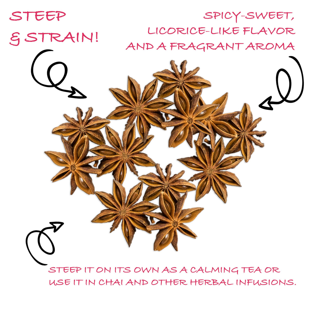 Worldwide Botanicals star anise steeping in hot water releases natural sweetness and fragrance