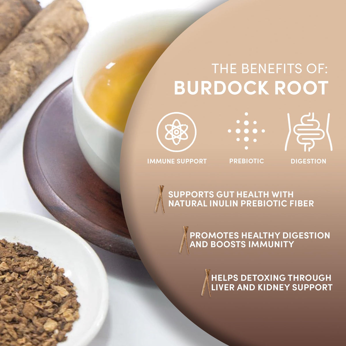 Worldwide Botanicals tea cup steeping showcases warm caramel aroma.