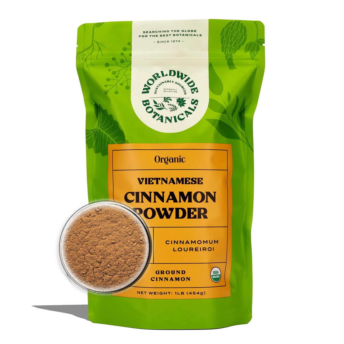 Worldwide Botanicals Vietnamese Cinnamon Powder 1 lb packaging, premium cinnamon for baking.