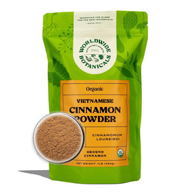 Worldwide Botanicals Vietnamese Cinnamon Powder 1 lb packaging, premium cinnamon for baking.