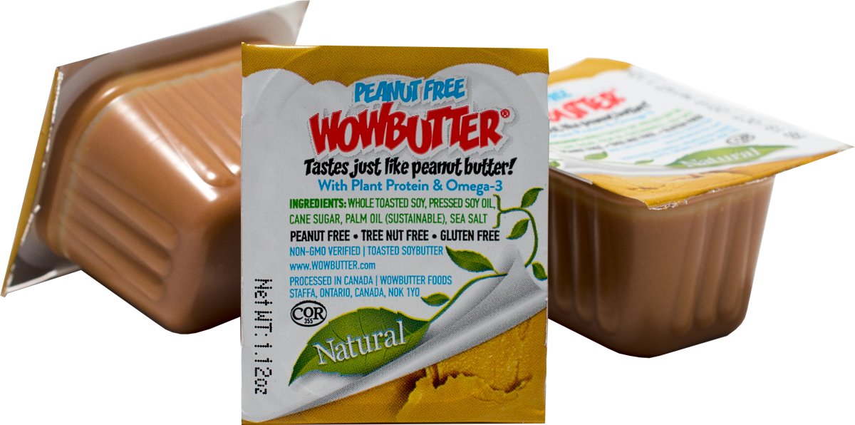 WOWBUTTER bottle close-up, showcasing a peanut-free spread option for lunchboxes.