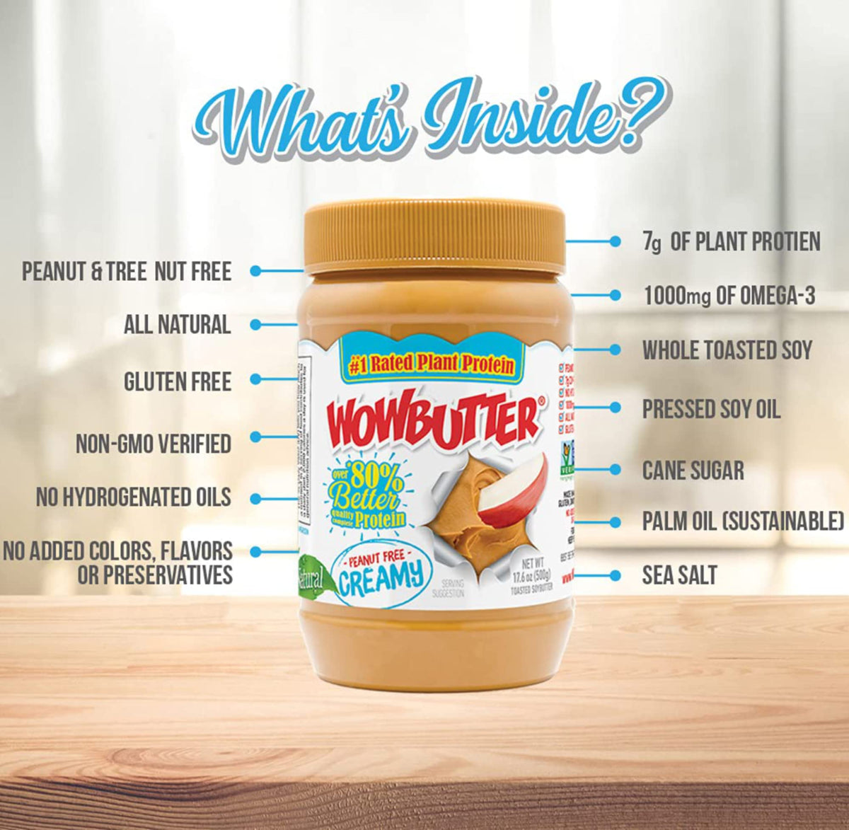 WOWBUTTER label close-up highlighting peanut-free formulation and natural ingredients