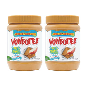 Wowbutter natural peanut-free creamy jar front, allergy-safe breakfast option.