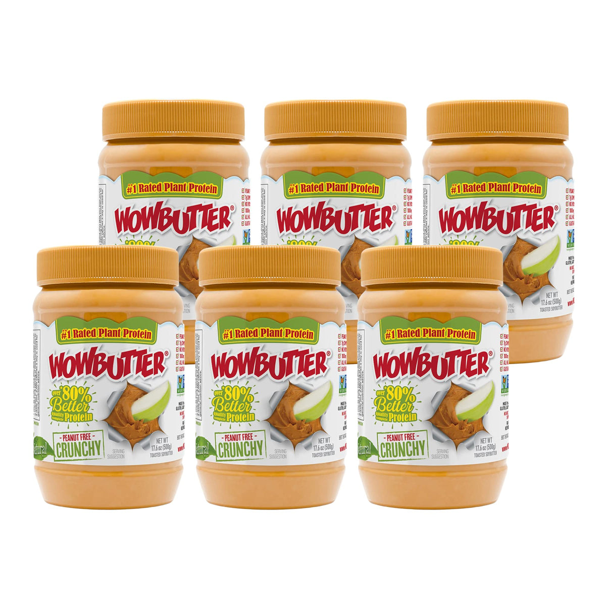 WOWBUTTER Crunchy Soy Spread six-pack display for nut-free lunches