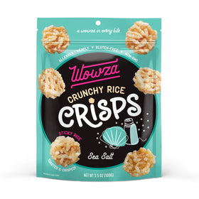 Wowza Sea Salt Rice Crisps bag close-up, savory crunch and gluten-free convenience.