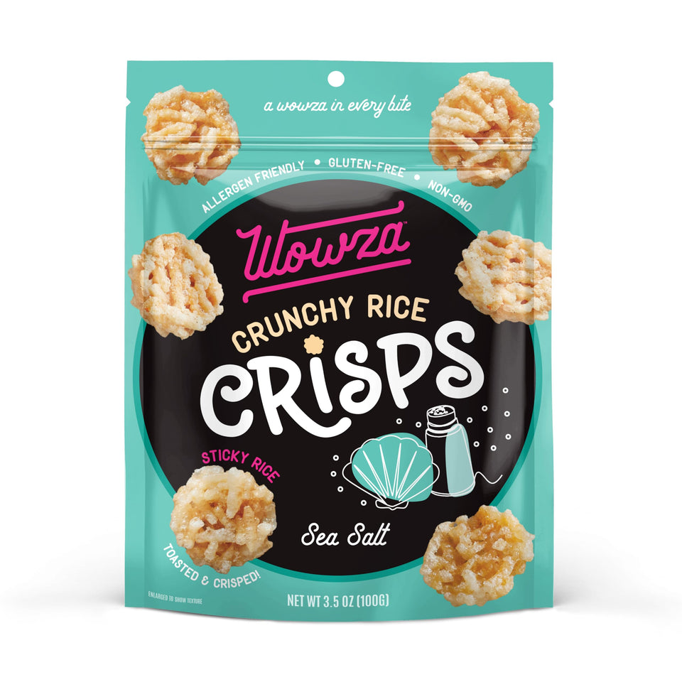 Wowza Sea Salt Rice Crisps bag close-up, savory crunch and gluten-free convenience.