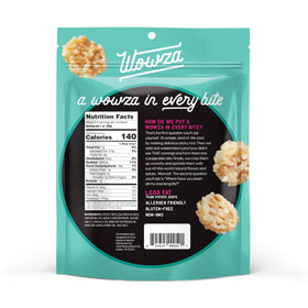Wowza Sea Salt Rice Crisps close-up highlights crisp texture for on-the-go snacking.