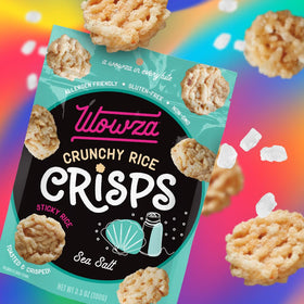 Wowza Sea Salt Rice Crisps serving plate shows bold flavor for sharing.