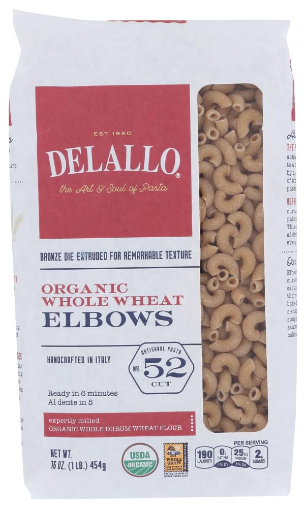 WPARHUS Delallo elbows no52 organic whole wheat pasta pack of three ready for weeknight meals.