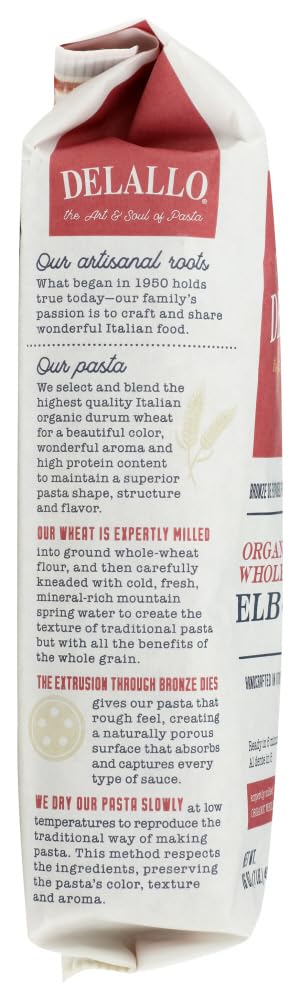 WPARHUS Delallo elbows no52 organic whole wheat pasta dry strands ideal for versatile sauces.
