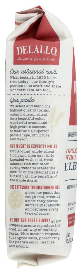 WPARHUS Delallo elbows no52 organic whole wheat pasta dry strands ideal for versatile sauces.